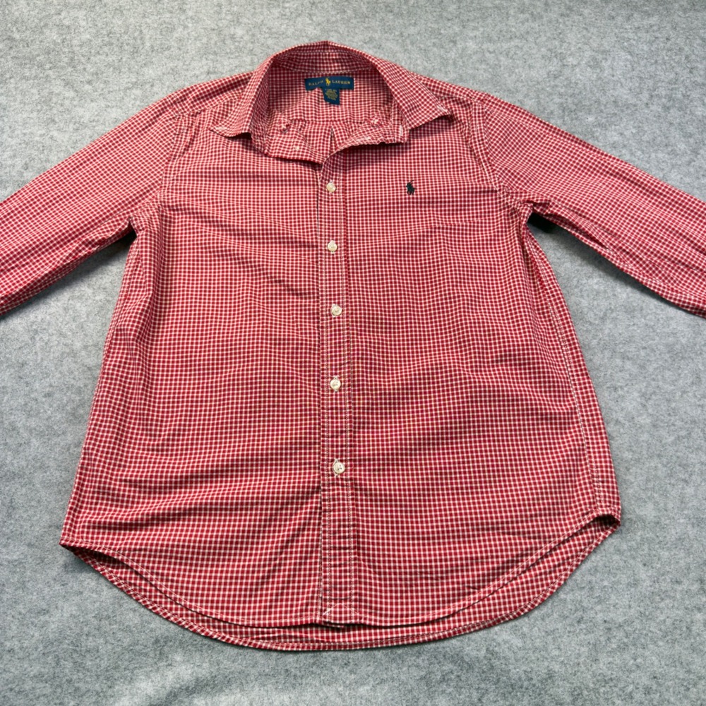 Ralph Lauren Button Down Shirt Youth L 14-16 Red Gingham Cotton Excellent Pony
